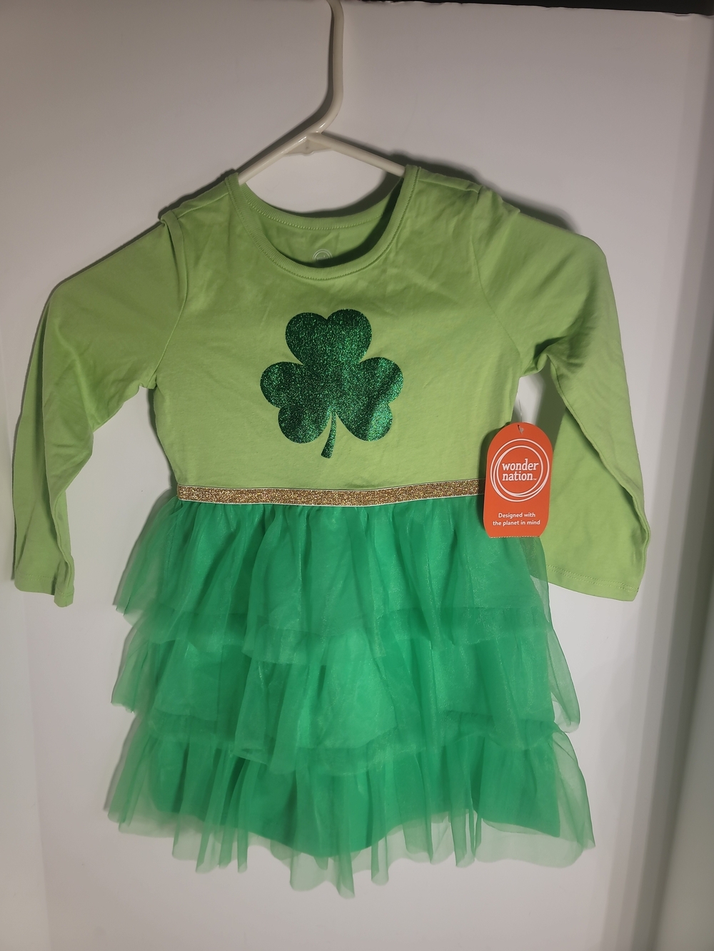 wonder nation Green Long-Sleeve Shamrock Tutu Dress with Gold Waist Trim